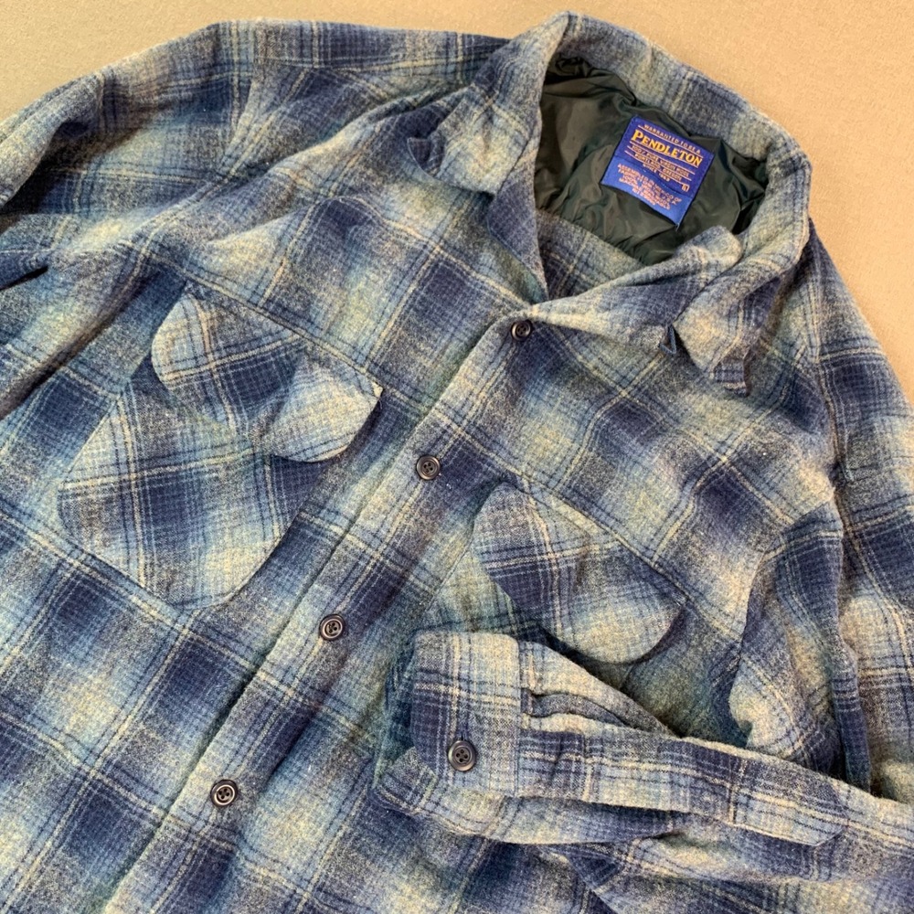 Pendleton Jacket Men LG Blue Wool Shadow Plaid Board Shirt Shacket‎ Loop Collar